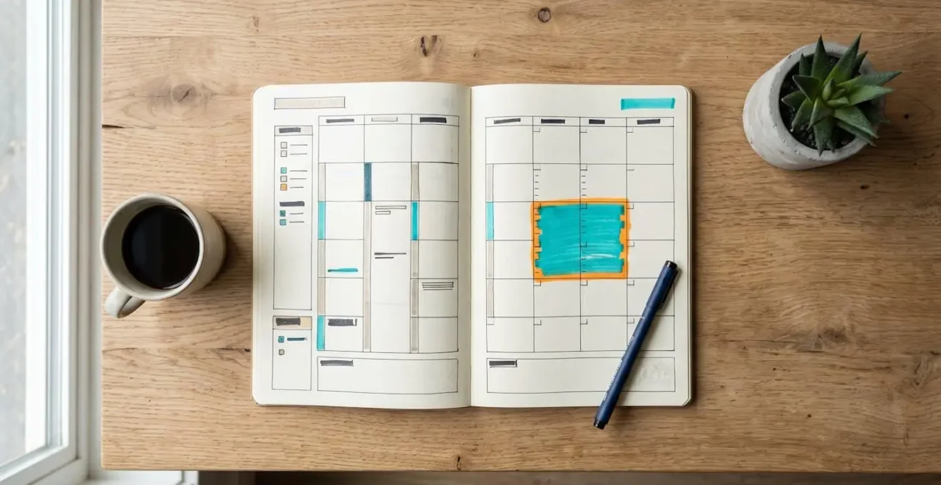 Vue en plongée d'un agenda ouvert avec un créneau coloré marqué et entouré, stylo posé à côté