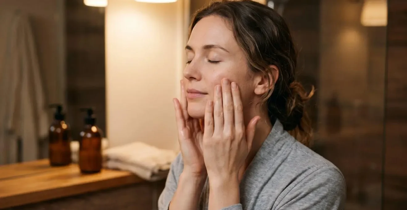 Mains appliquant délicatement une crème sur le visage avec des flacons minimalistes sur une table