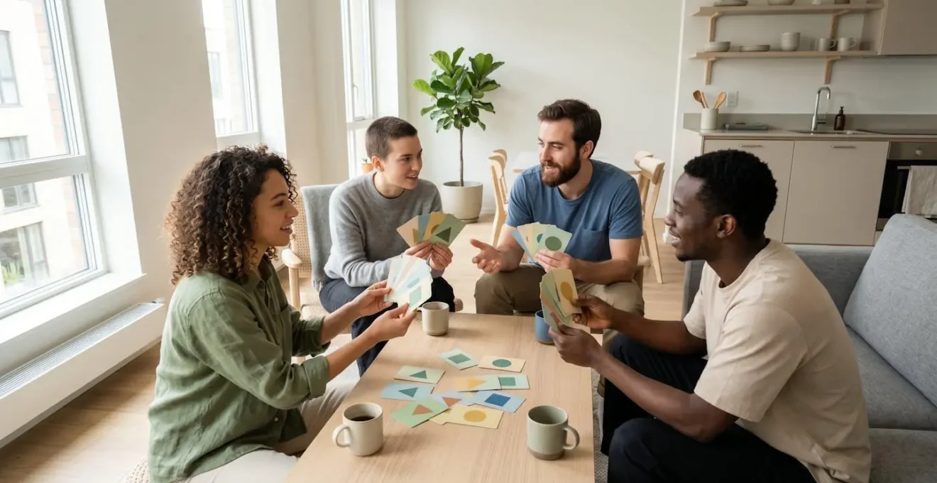 Colocataires évaluant ensemble leur niveau de tolérance à la saleté avec des fiches colorées