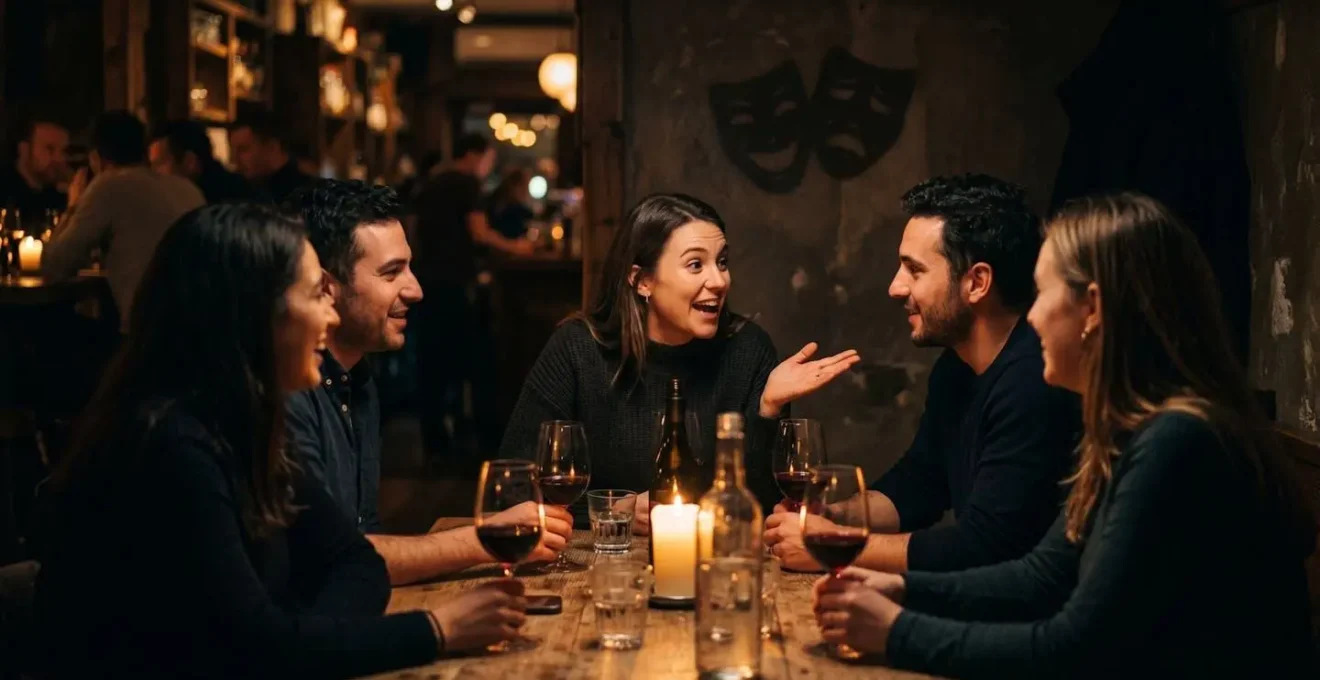 Groupe d'amis discutant autour d'une table dans un bar théâtre parisien en soirée