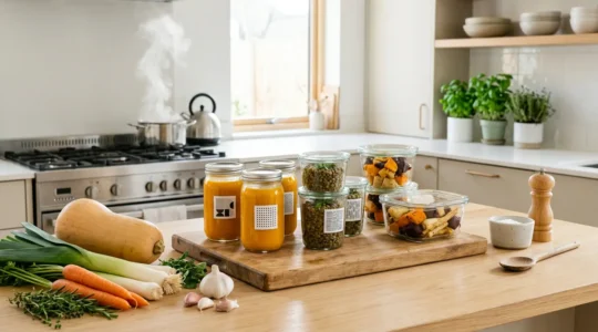 Préparation de batch cooking hivernal dans une cuisine lumineuse avec légumes de saison