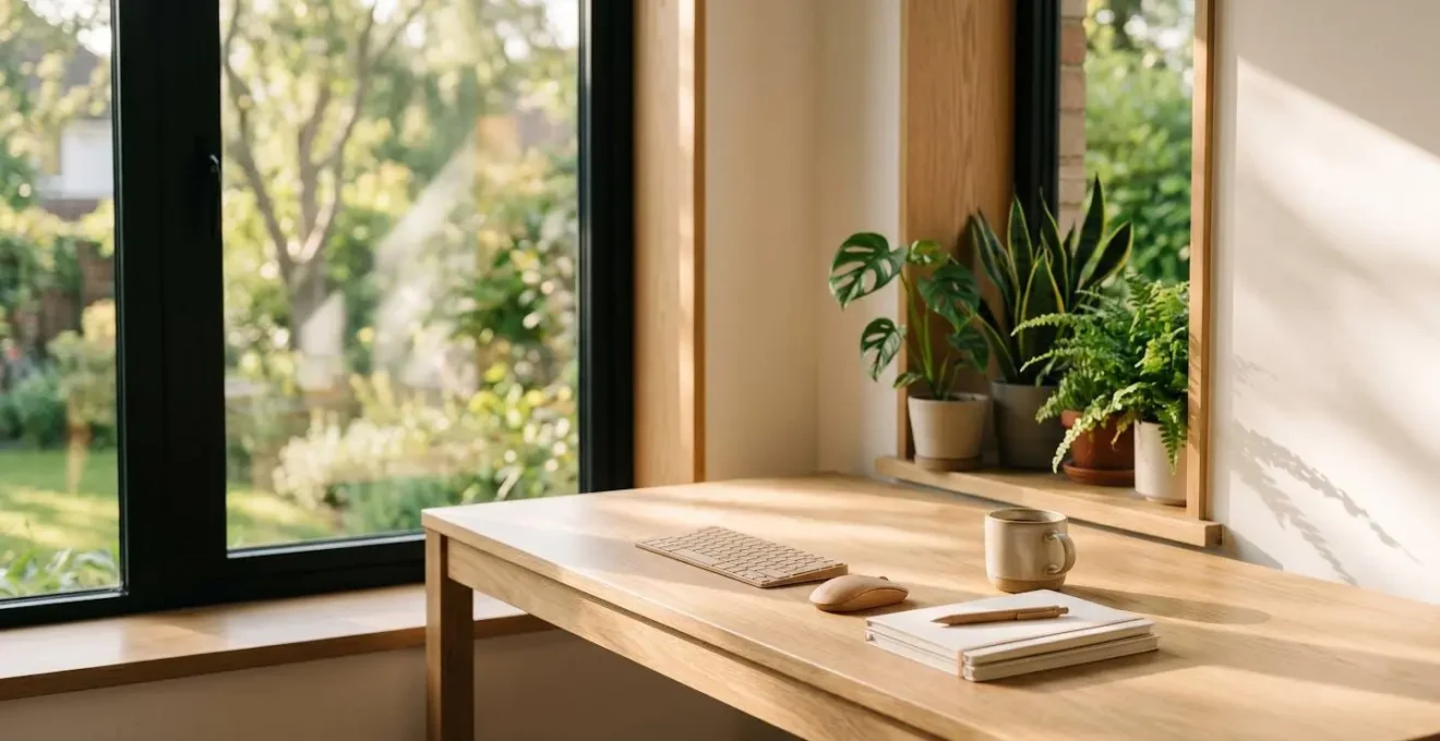 Bureau positionné perpendiculairement à une fenêtre avec lumière naturelle douce