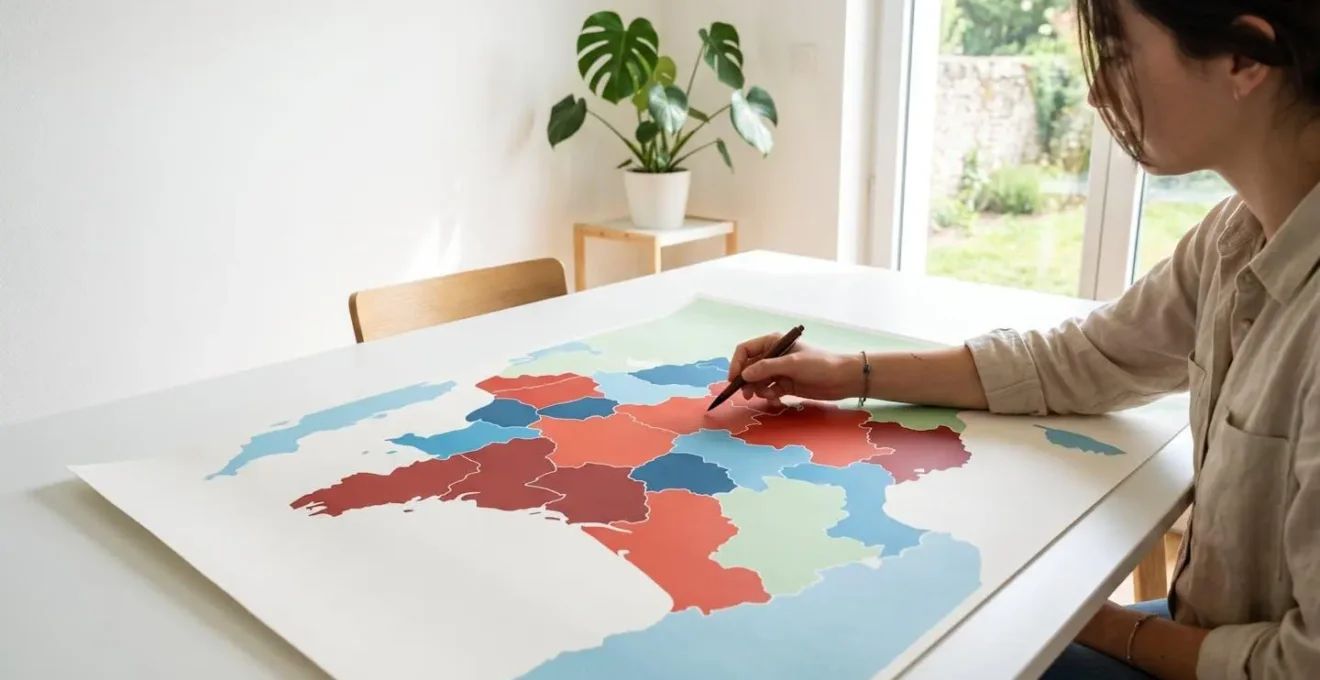 Vue en perspective d'un bureau avec une carte colorée des zones de tension immobilière en France