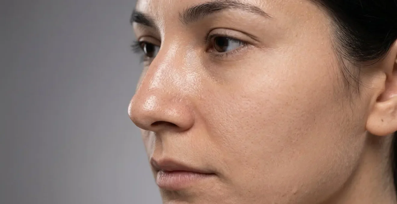 Gros plan sur un visage féminin avec différentes textures de peau visibles selon les zones