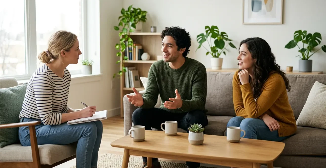 Jeunes adultes lors d'une rencontre de colocataires potentiels dans un salon lumineux