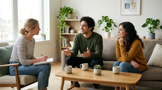 Jeunes adultes lors d'une rencontre de colocataires potentiels dans un salon lumineux