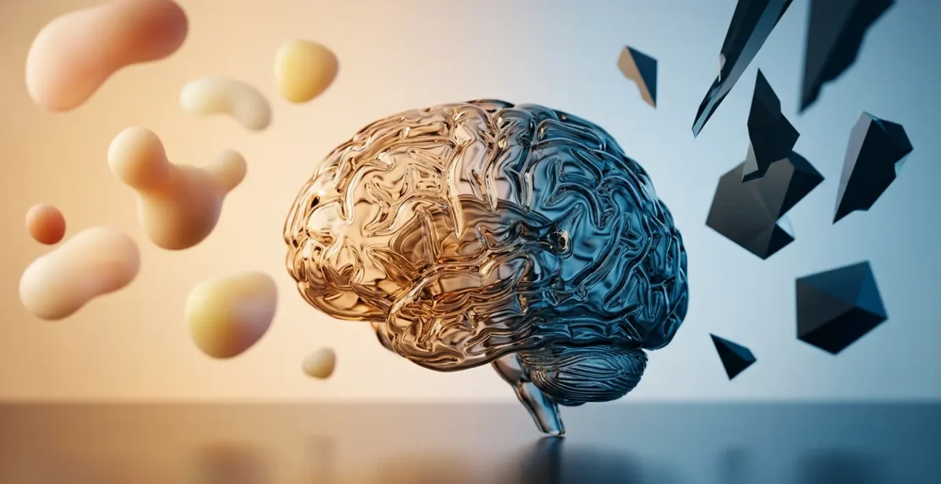 Une composition artistique montrant un cerveau humain avec des éléments visuels représentant l'équilibre entre critique et compliment