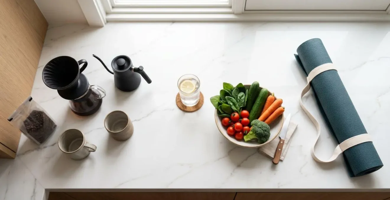 Vue de dessus d'une cuisine moderne montrant une séquence d'habitudes matinales avec différents objets disposés en ligne