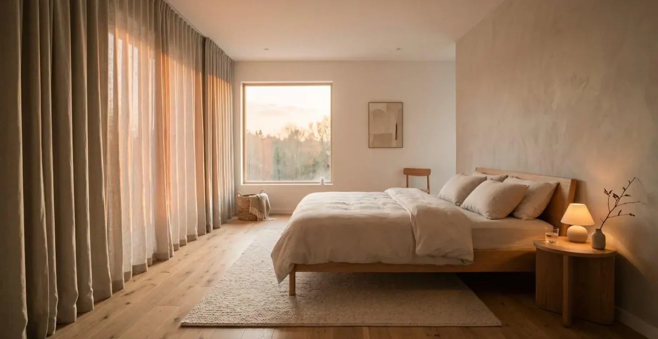 Chambre à coucher avec atmosphère apaisante, lumière tamisée et détails minimalistes