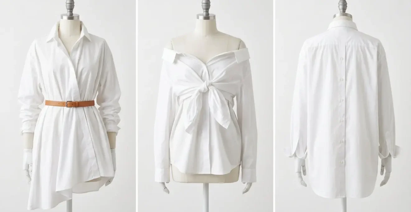Triptyque montrant trois styles différents créés avec une seule chemise blanche oversize sur un mannequin.