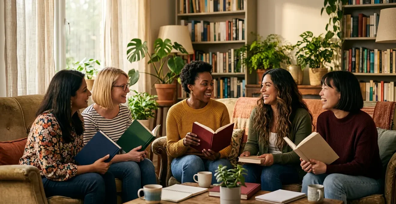 Groupe de femmes en discussion autour de livres dans un salon chaleureux