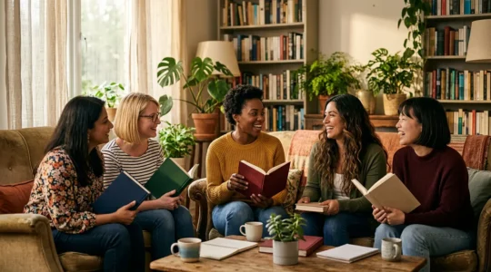 Groupe de femmes en discussion autour de livres dans un salon chaleureux