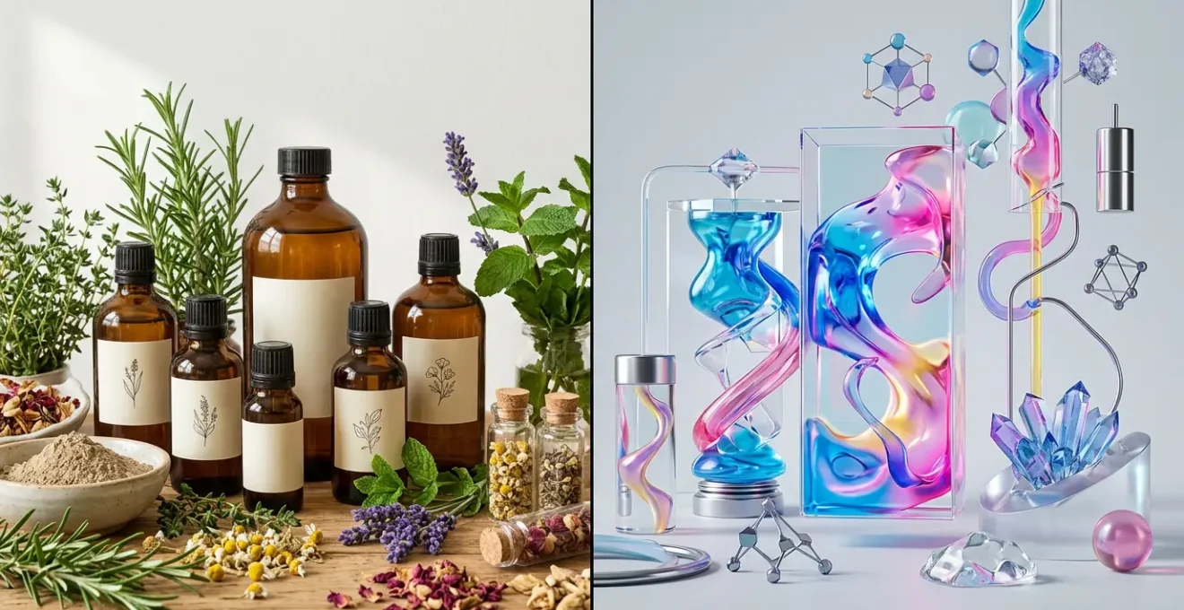 Comparaison visuelle entre cosmétiques biologiques et conventionnels, mise en scène épurée montrant deux univers distincts