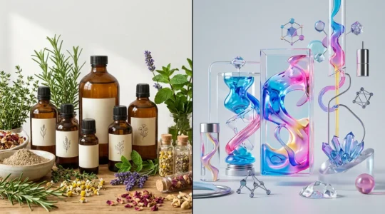 Comparaison visuelle entre cosmétiques biologiques et conventionnels, mise en scène épurée montrant deux univers distincts