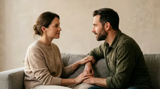 Couple en discussion calme et bienveillante dans un cadre intime