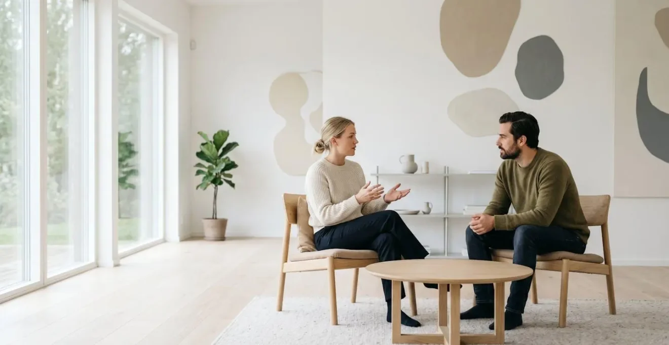 Partenaires pratiquant l'écoute active avec contact visuel bienveillant