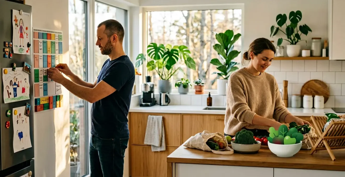 Couple moderne partageant équitablement les responsabilités domestiques dans une cuisine lumineuse