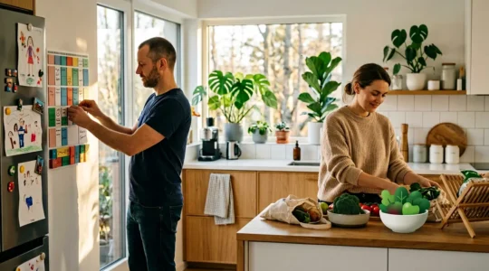 Couple moderne partageant équitablement les responsabilités domestiques dans une cuisine lumineuse