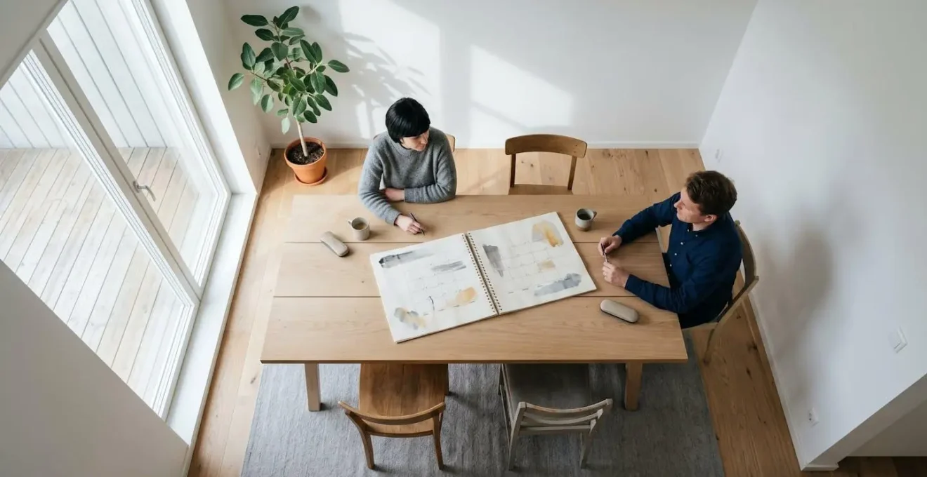 Vue aérienne d'un couple planifiant ensemble sur un calendrier épuré