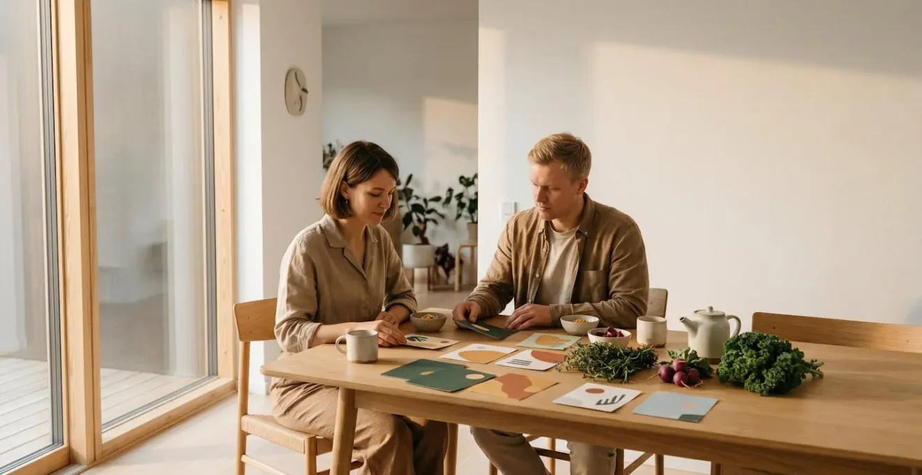 Couple planifiant ensemble les repas de la semaine dans un environnement chaleureux
