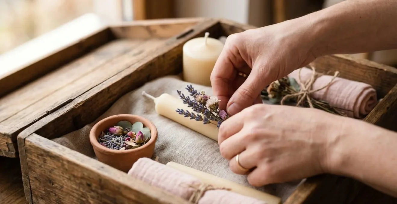 Mains préparant une boîte de rendez-vous romantique avec des accessoires