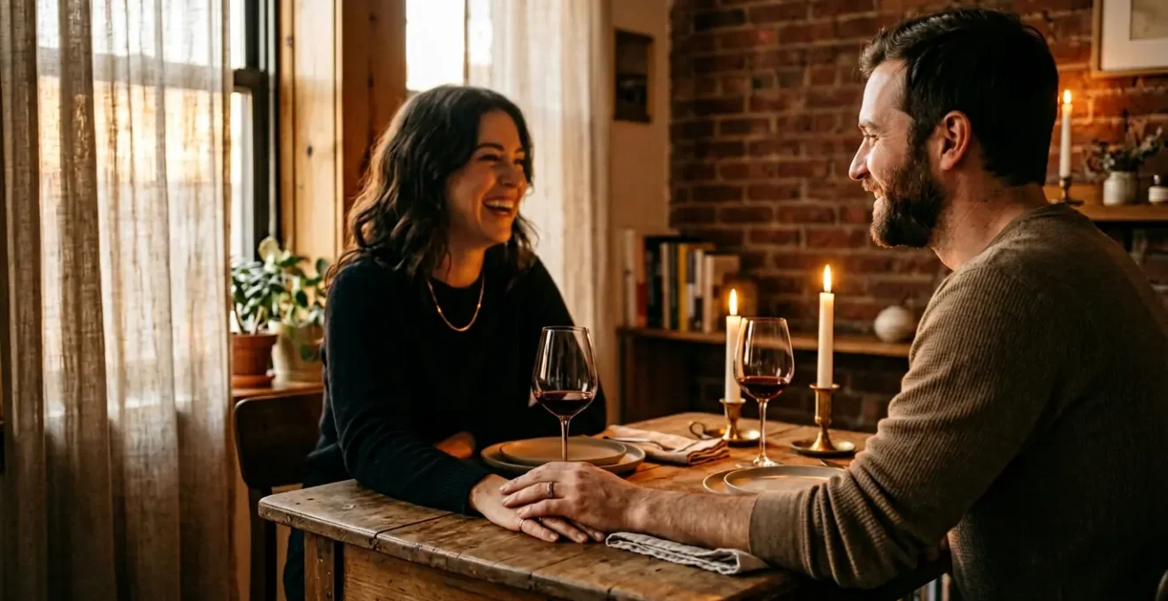 Couple en soirée romantique à domicile éclairé à la bougie