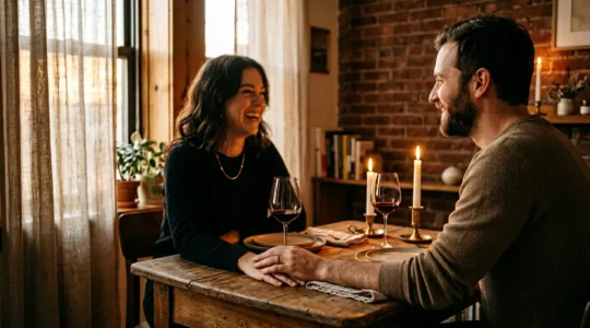 Couple en soirée romantique à domicile éclairé à la bougie