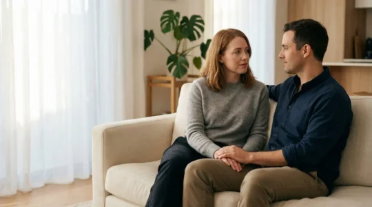 Couple en conversation intime dans un environnement apaisant, illustrant la communication bienveillante sur la sexualité