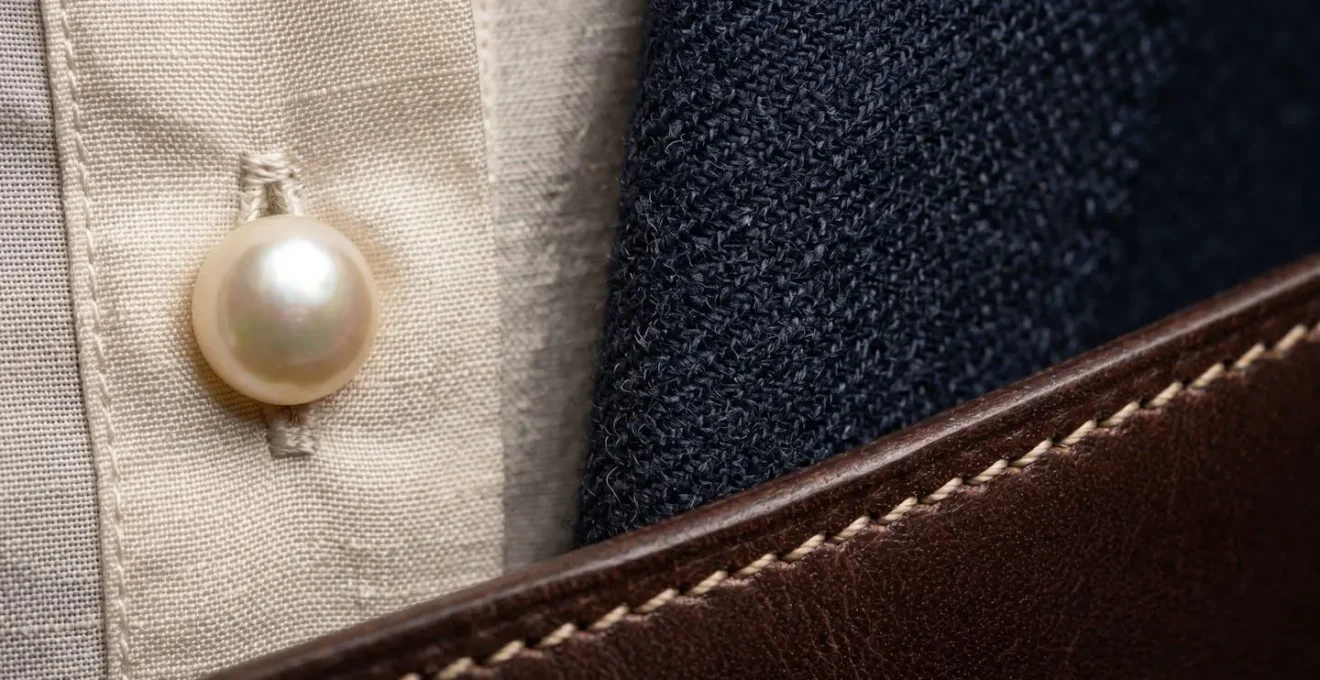Gros plan sur des détails vestimentaires soignés : bouton de manchette, tissu de qualité, couture impeccable