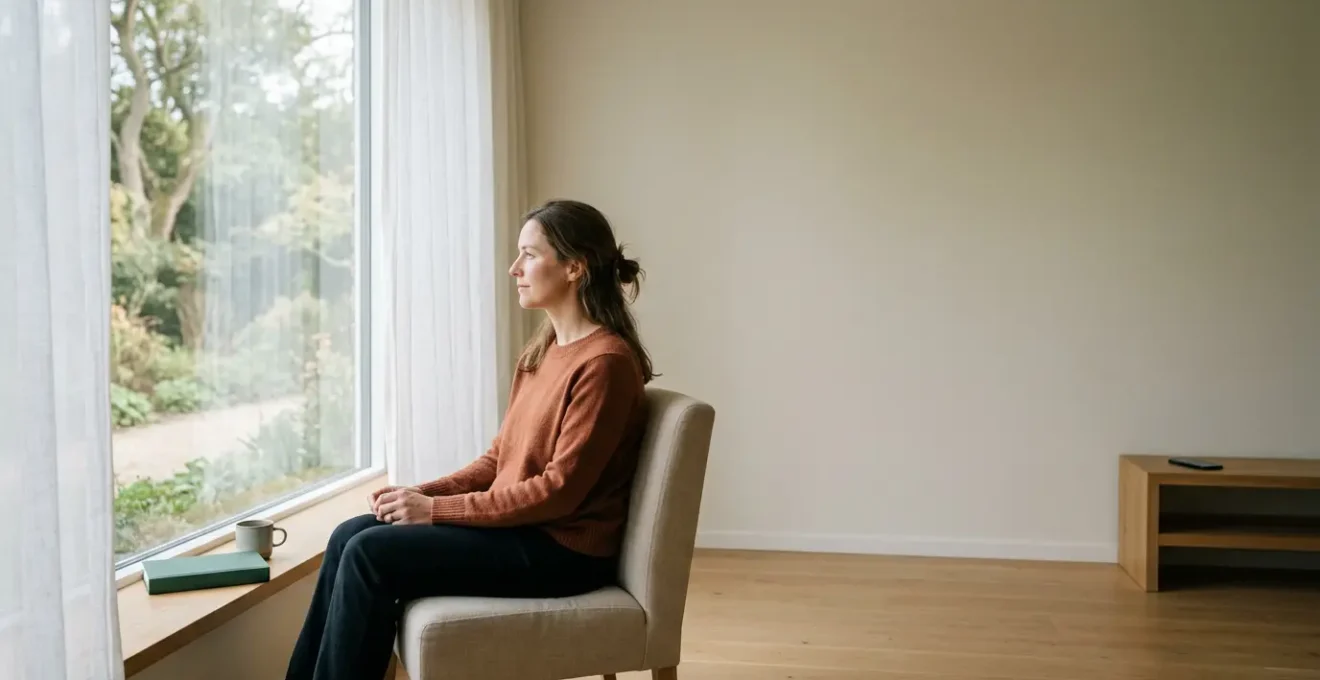 Femme contemplative dans un environnement minimaliste pratiquant l'ennui volontaire pour retrouver sa motivation