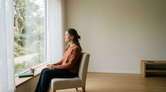 Femme contemplative dans un environnement minimaliste pratiquant l'ennui volontaire pour retrouver sa motivation