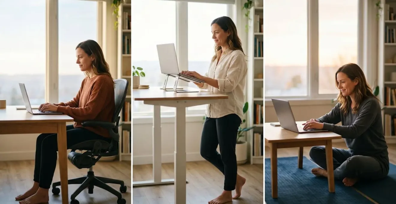 Séquence de trois postures de travail ergonomiques alternées au cours de la journée
