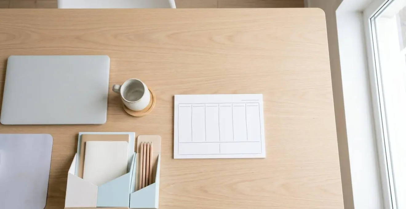 Bureau d'étudiant épuré avec ordinateur et documents organisés