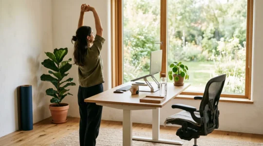 Espace de télétravail ergonomique avec vue sur jardin, aménagé avec soin pour le bien-être féminin