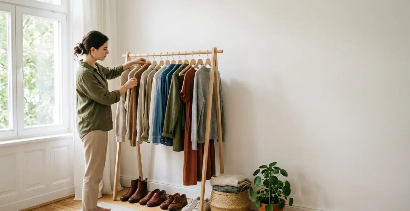 Une jeune femme organisant une capsule wardrobe colorée avec des vêtements éthiques et vintage sur des cintres en bois