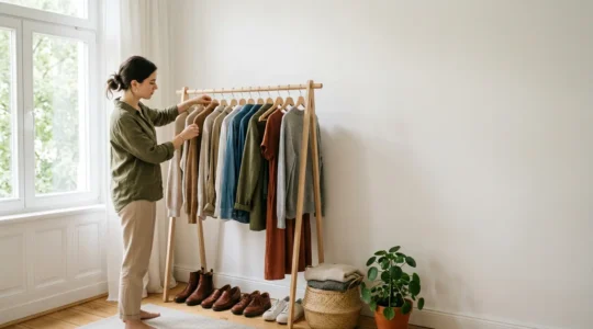 Une jeune femme organisant une capsule wardrobe colorée avec des vêtements éthiques et vintage sur des cintres en bois