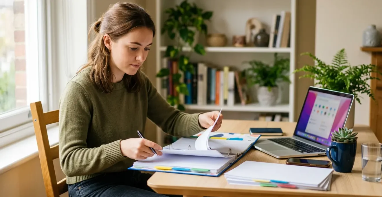 Jeune femme étudiante organisant méticuleusement son dossier de location à son bureau lumineux