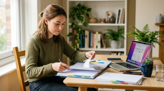 Jeune femme étudiante organisant méticuleusement son dossier de location à son bureau lumineux