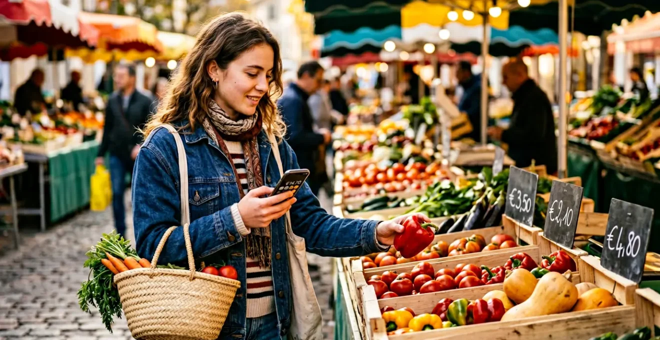 Jeune femme étudiante au marché local avec panier de légumes frais et calculatrice, gérant son budget de 30 euros