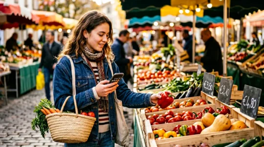 Jeune femme étudiante au marché local avec panier de légumes frais et calculatrice, gérant son budget de 30 euros