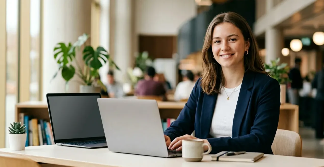Jeune étudiante travaillant sur son profil LinkedIn dans un espace moderne et lumineux