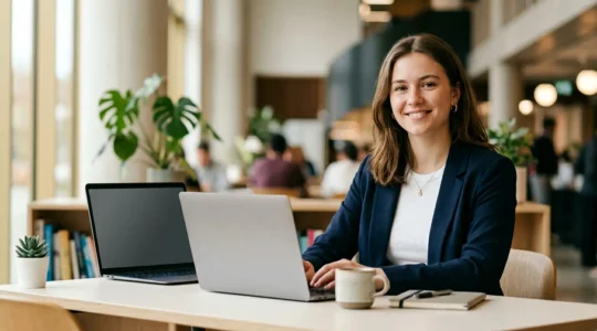 Jeune étudiante travaillant sur son profil LinkedIn dans un espace moderne et lumineux