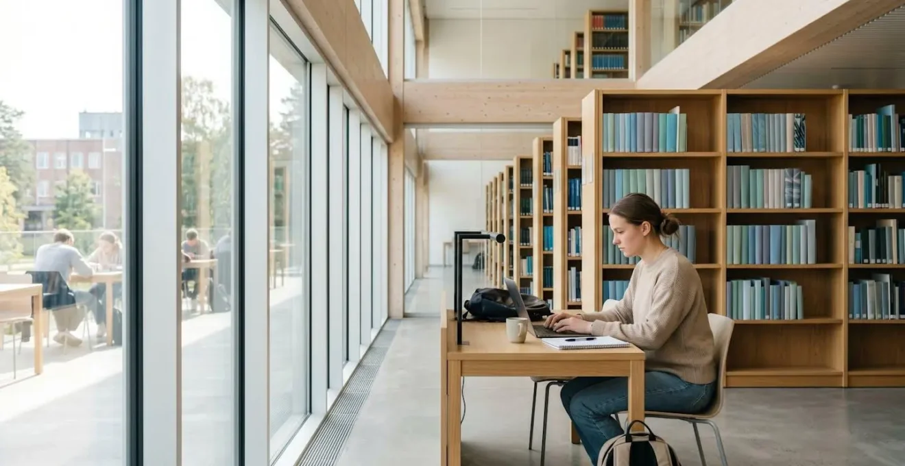 Étudiante travaillant sur son ordinateur portable dans une bibliothèque universitaire lumineuse