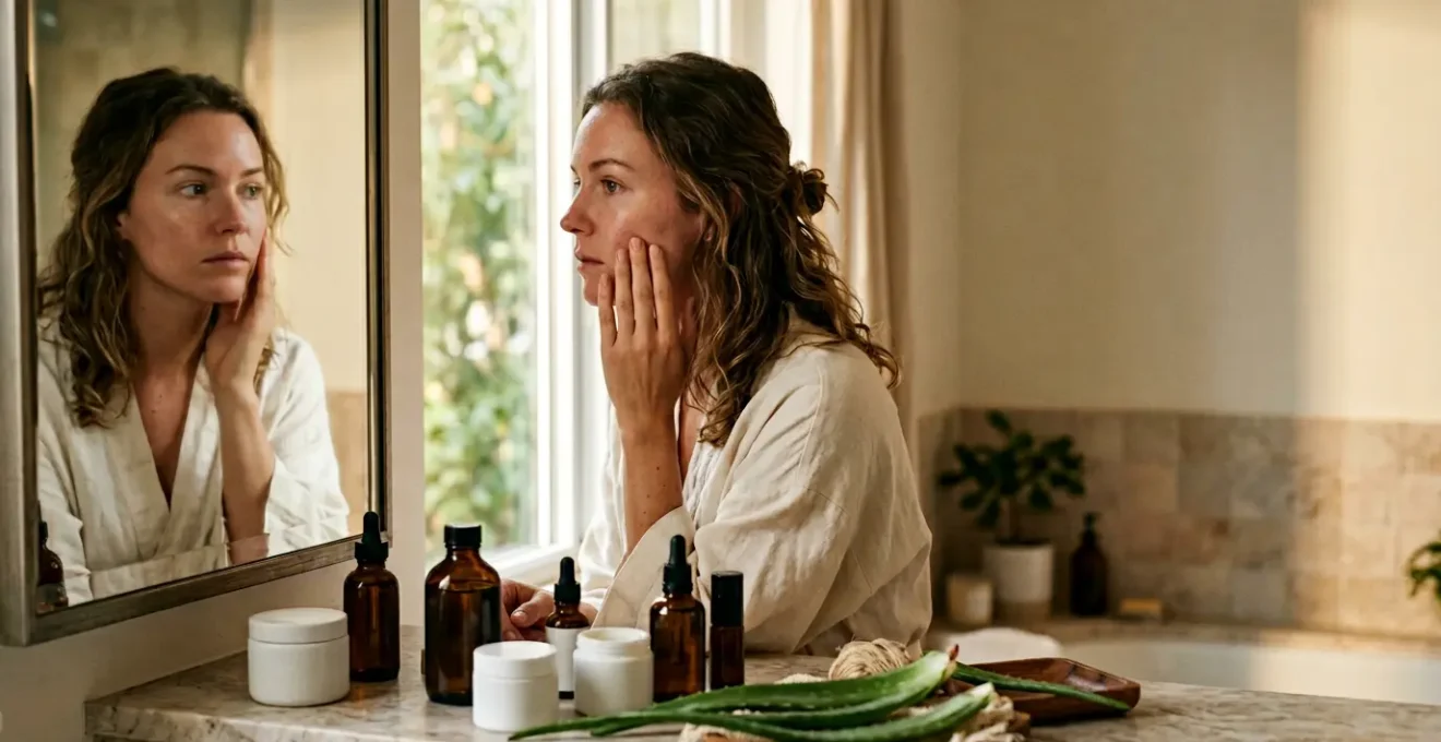 Femme observant sa peau dans un miroir avec des produits naturels et cosmétiques en arrière-plan