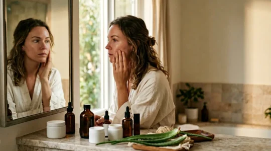 Femme observant sa peau dans un miroir avec des produits naturels et cosmétiques en arrière-plan