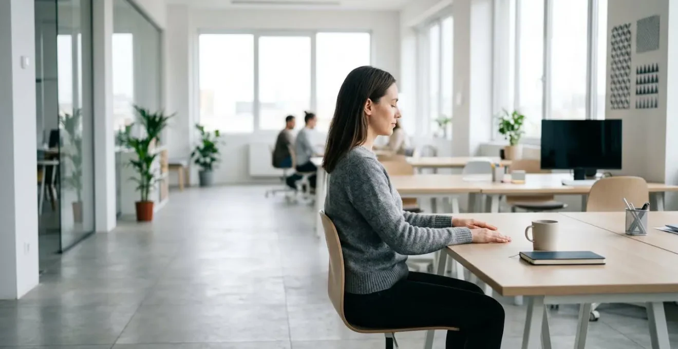 Femme pratiquant discrètement un exercice de respiration à son bureau dans un environnement professionnel