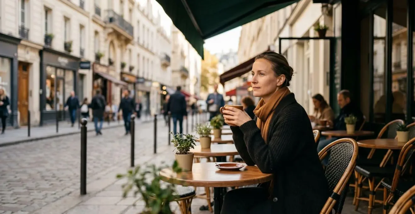 Femme savourant un café en terrasse, regard contemplatif vers la ville