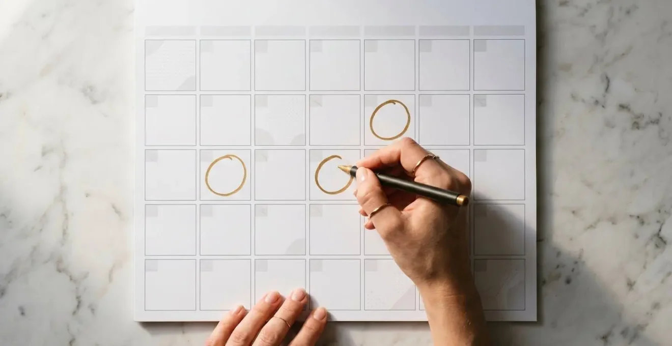 Femme traçant trois cercles dorés sur un calendrier minimaliste avec un stylo