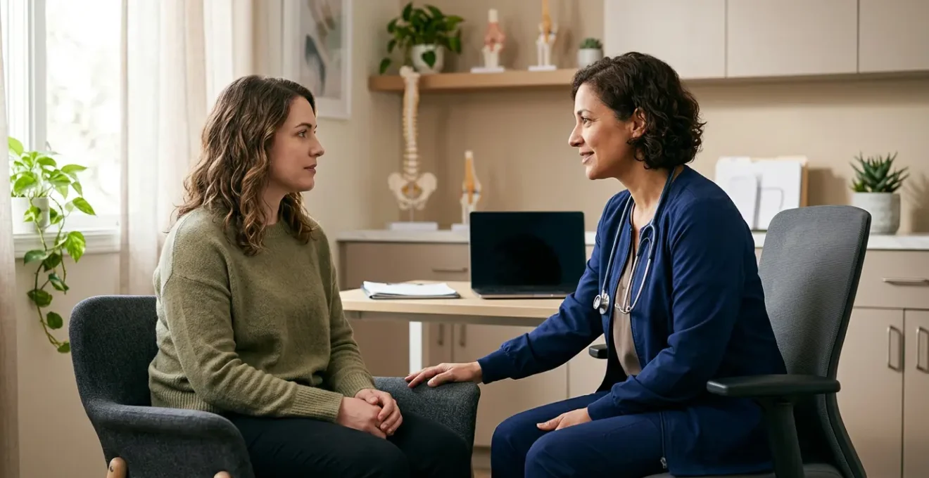 Femme en consultation médicale avec une spécialiste de l'endométriose dans un cabinet médical lumineux