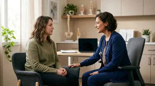 Femme en consultation médicale avec une spécialiste de l'endométriose dans un cabinet médical lumineux